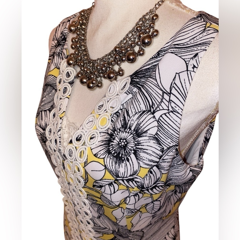 PAPPAGALLO Sheath Embroidered Sleeveless Midi Dress Yellow Black Size 6 - Picture 5 of 11
